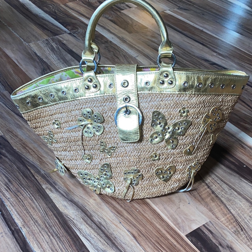 Woven Straw Tote with Gold Accent Butterflies